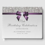 Any Age Birthday Silver Faux Sequins Purple Bow Guest Book<br><div class="desc">Elegant, personalized custom silver and purple any age birthday celebration guestbook with beautiful sequins, shiny printed bow and ribbon and pretty diamond bling jewel on a glamourous gold gradient background. PLEASE NOTE: These are flat printed graphics - no raised parts.If you need assistance customizing your product please contact me through...</div>