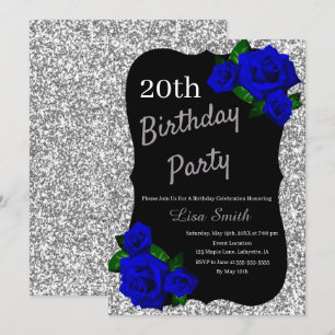 Any Age Birthday Silver Glitter Deep Blue Roses Invitation