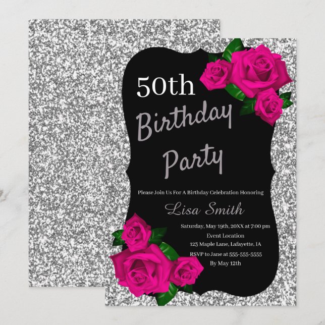 Any Age Birthday Silver Glitter Pink Roses Invitation (Front/Back)