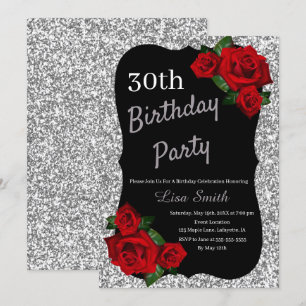 Any Age Birthday Silver Glitter Red Roses Invitation