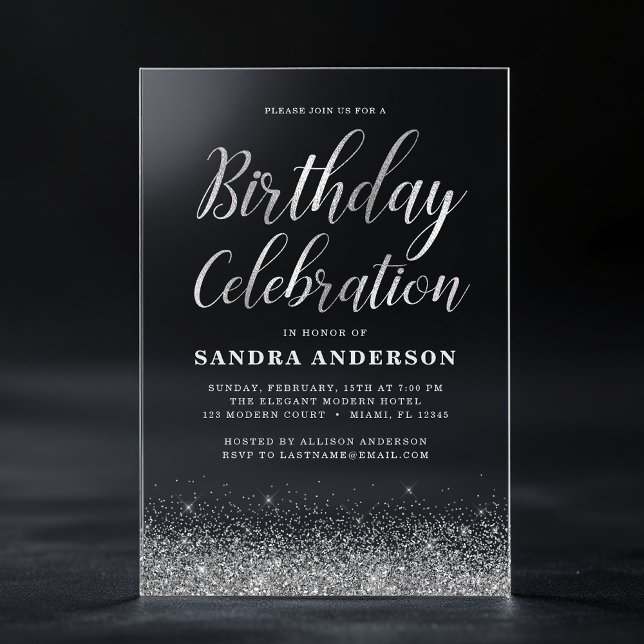 Any Age Birthday Silver Modern Glitter Acrylic Invitations (Creator Uploaded)