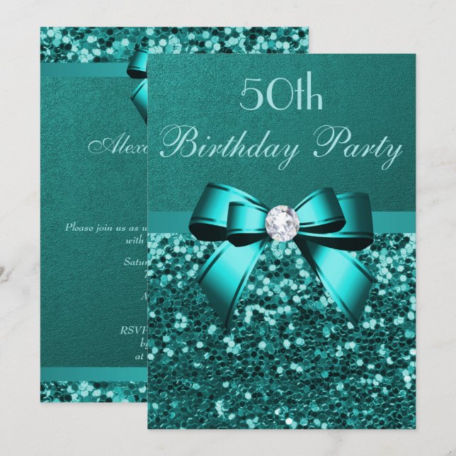 Any Age Birthday Teal Glitter Diamond Bow Invitation (Front/Back)
