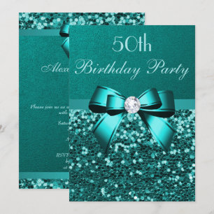 Any Age Birthday Teal Glitter Diamond Bow Invitation