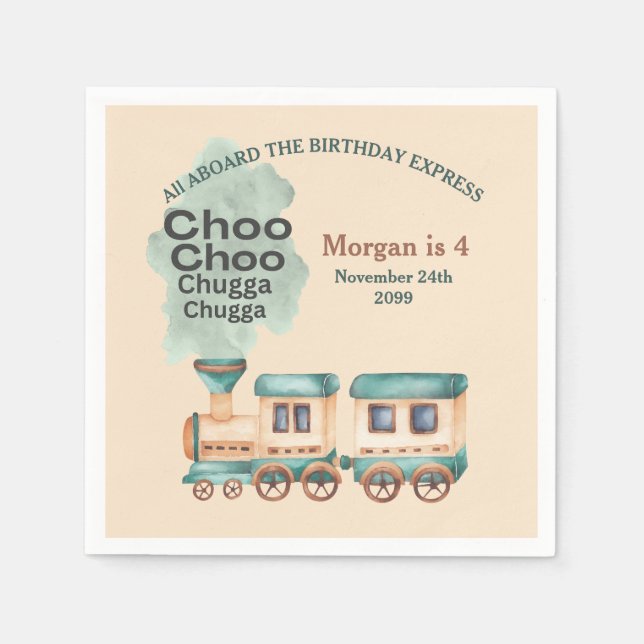 Any Age Birthday Train Party All Aboard Watercolor Napkin (Front)