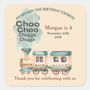 Any Age Birthday Train Party All Aboard Watercolor Square Sticker