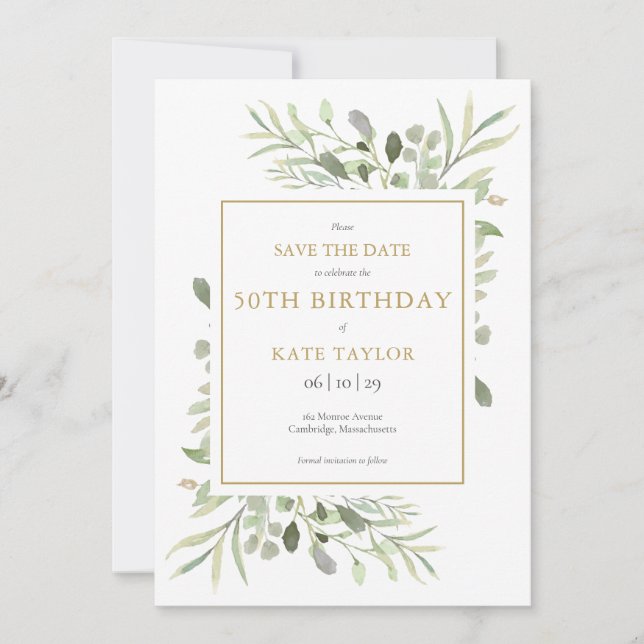 Any Age Birthday Watercolor Greenery Save The Date (Front)
