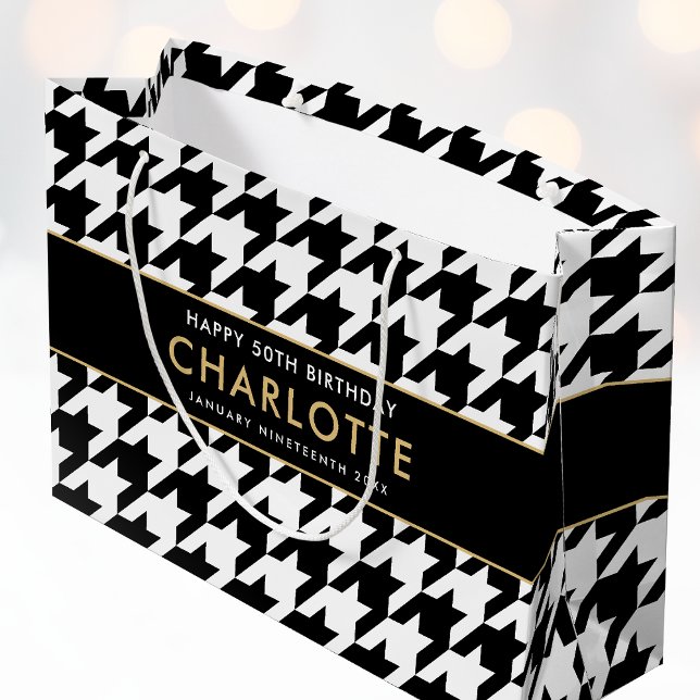 Any Age Black White Big Houndstooth Happy Birthday Large Gift Bag (Creator Uploaded)