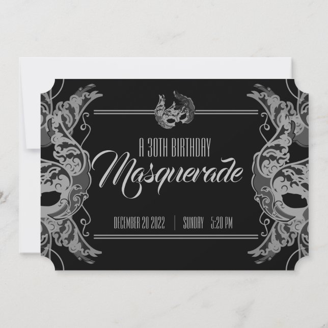 ANY AGE black & white BIRTHDAY MASQUERADE ticket Invitation (Back)