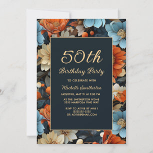 Any Age Blue Orange Flowers 50th Birthday Invitation