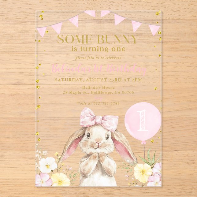 ANY AGE Bunny Pink Watercolor Wildflower Birthday  Acrylic Invitations (Front)