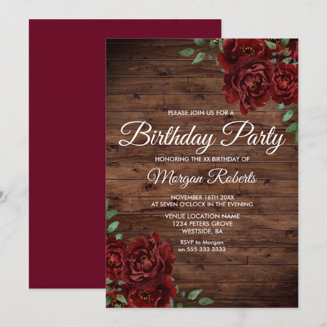 Any Age Burgundy Red Rose Rustic Birthday Party Invitation (Front/Back)