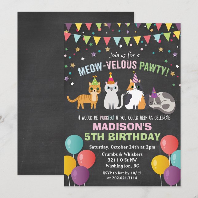 ANY AGE - Cat Kitten Birthday Chalk Invitation (Front/Back)