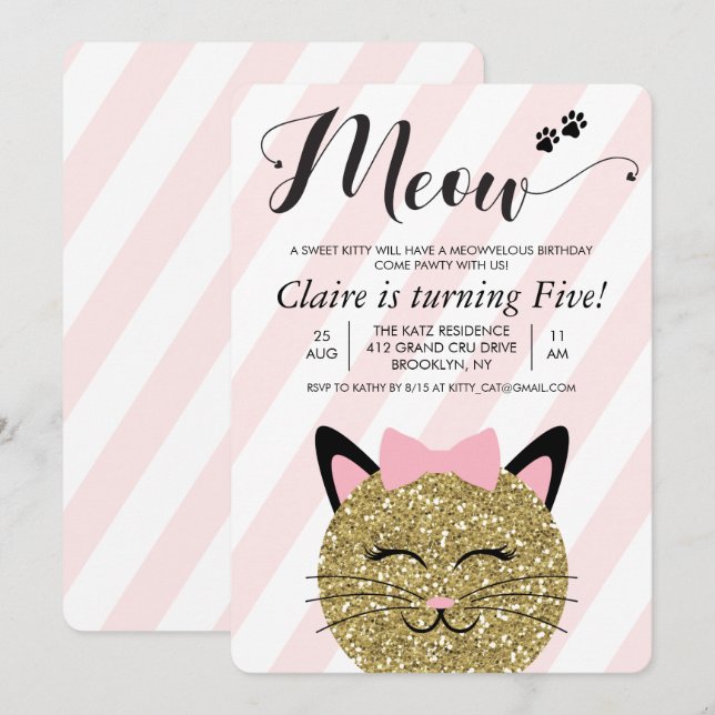 ANY AGE - Cat Kitten Meow Birthday Invitation (Front/Back)