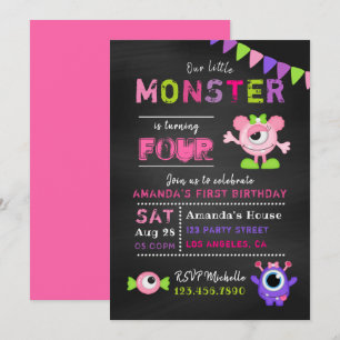 Any Age Chalkboard Little Monster Girl Birthday Invitation