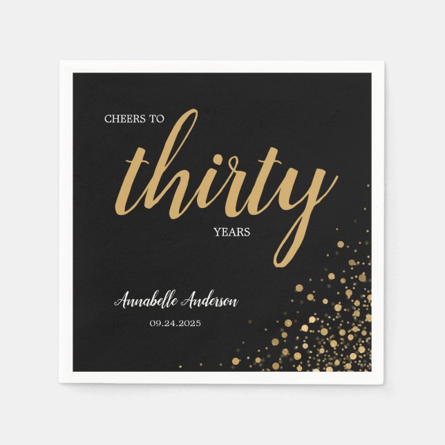 Any Age Cheers Thirty Black Gold Confetti Birthday Napkin (Front)
