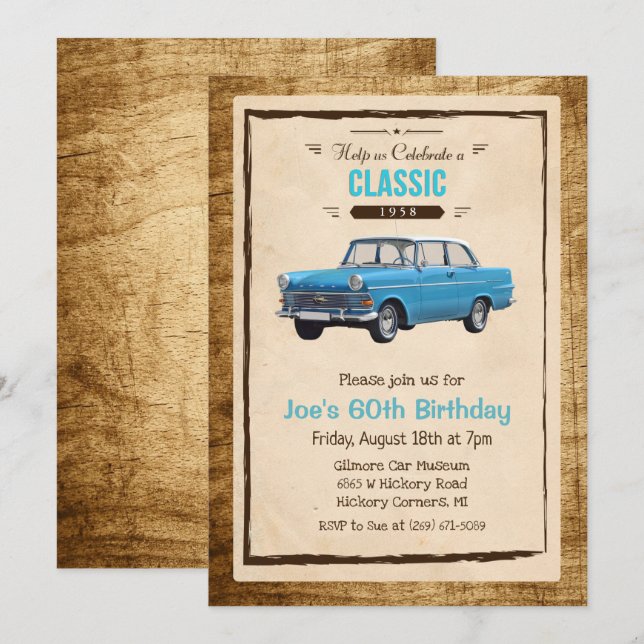 ANY AGE - Classic Car Vintage Birthday Invitation (Front/Back)