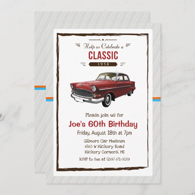 ANY AGE - Classic Car Vintage Birthday Invitation (Front/Back)