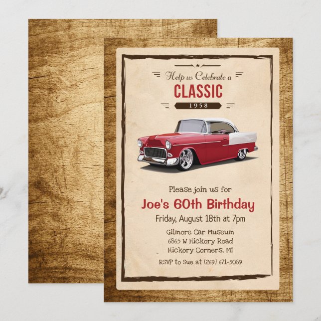 ANY AGE - Classic Car Vintage Birthday Invitation (Front/Back)