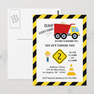 Any Age Construction Theme Dump Truck Birthday Postcard
