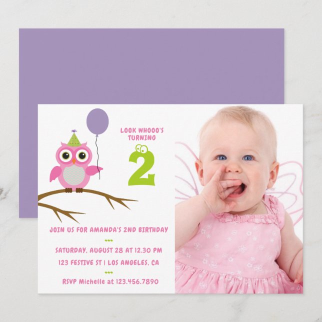 Any Age Cute Owl Baby or Toddler Girl Birthday Invitation (Front/Back)