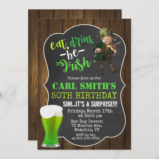 ANY AGE - Eat Drink Be Irish Birthday Invitation (Front/Back)