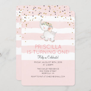 ANY AGE - Elephant Girl Birthday Invitation