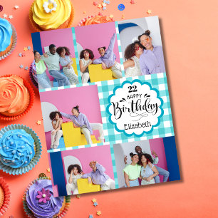 Any Age Feminine Teal 7 Photo Collage Birthday Card