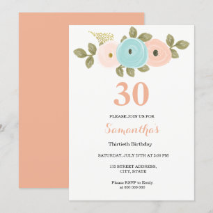 Any Age Floral Peach 30th Birthday Invitation