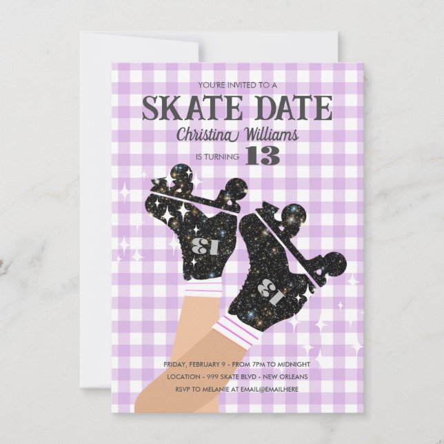 Any Age Gingham Lilac Disco Roller Skate Birthday Invitation (Front)