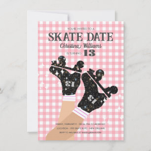 Any Age Gingham Pink Disco Roller Skate Birthday Invitation