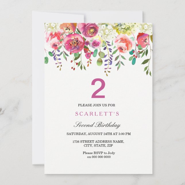 Any Age Girls 2nd Birthday Party Invitation (Front)