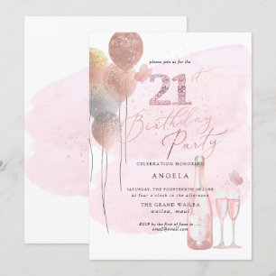 Any Age, Glitter Balloons Pink Champagne 21st Invitation