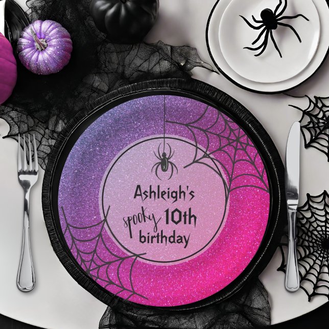 ANY AGE Glitter Glam Spider Halloween Birthday Paper Plate (Creator Uploaded)