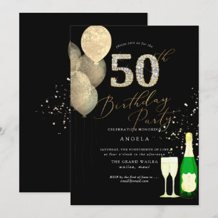 Any Age, Gold Glitter Balloons Diamond Invitation