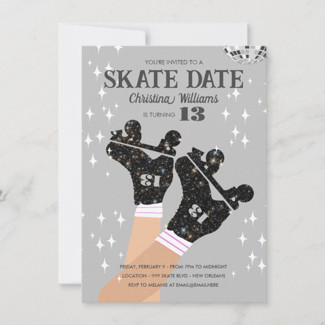 Any Age Grey Disco Roller Skate Birthday Invitation (Front)