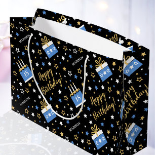 Any Age Happy Birthday Cake Blue Black Large Gift Bag