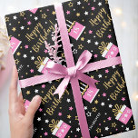 Any Age Happy Birthday Cake Pink Black Wrapping Paper<br><div class="desc">Wrap up a birthday surprise with personalized gift wrap! A fun design featuring a seamless pattern of birthday cakes, stars and "Happy Birthday" in a trendy script. Personalize the template with the recipient's name and birthday age. Perfect for family and friends! Printed colours: pink, black and gold. Available with a...</div>