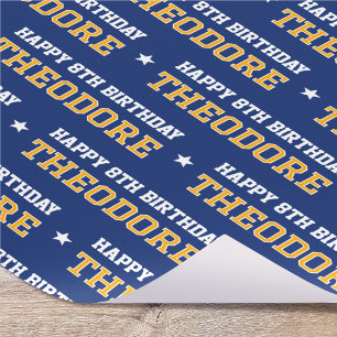 Any Age Happy Birthday Retro Custom Navy Yellow Wrapping Paper