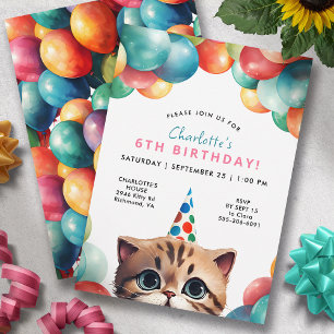 Any Age   Kitty Cat Rainbow Balloons Kids Birthday Invitation