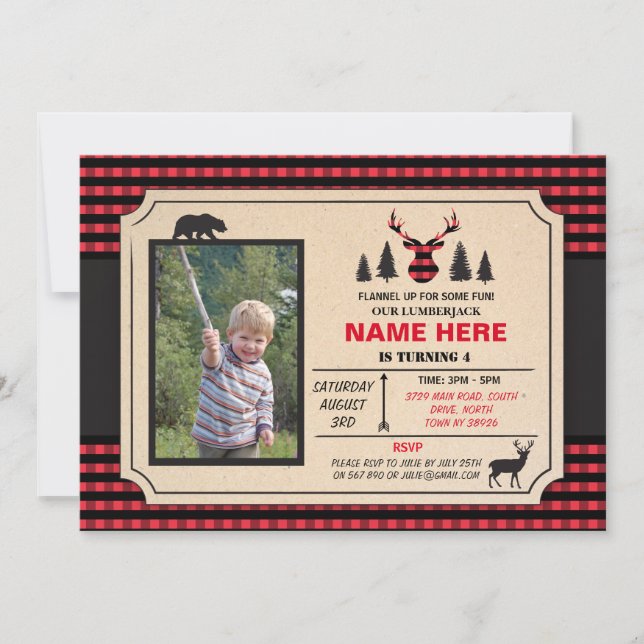 Any Age Lumberjack Birthday Invite Check Invite (Front)