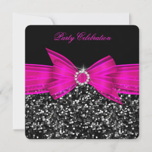 Any Age Luxury Glitter Hot Pink Bow Black Party Invitation