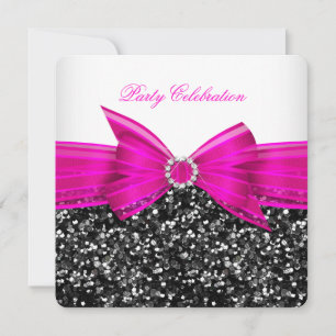 Any Age Luxury Glitter Hot Pink Bow Black White Invitation