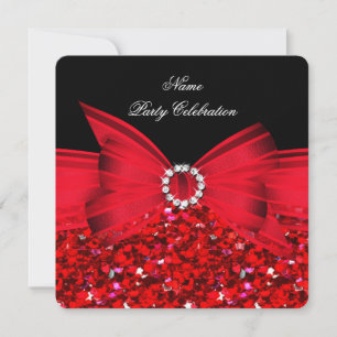 Any Age Luxury Glitter Red Bow Black Party Invitation