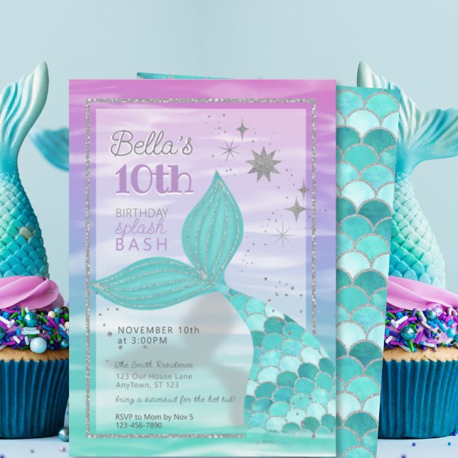 ANY AGE Mermaid Splash Bash Purple Teal Birthday Invitation (Creator Uploaded)