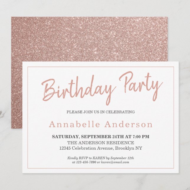 Any Age Modern Pink Rose Gold Sparkle Birthday Invitation (Front/Back)