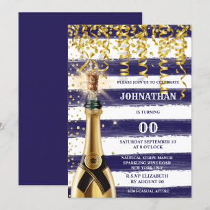 ANY AGE nautical navy white gold striped bubbly  Invitation