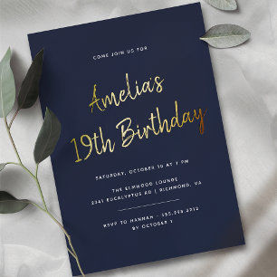 Any Age Navy Blue and Gold Script Birthday