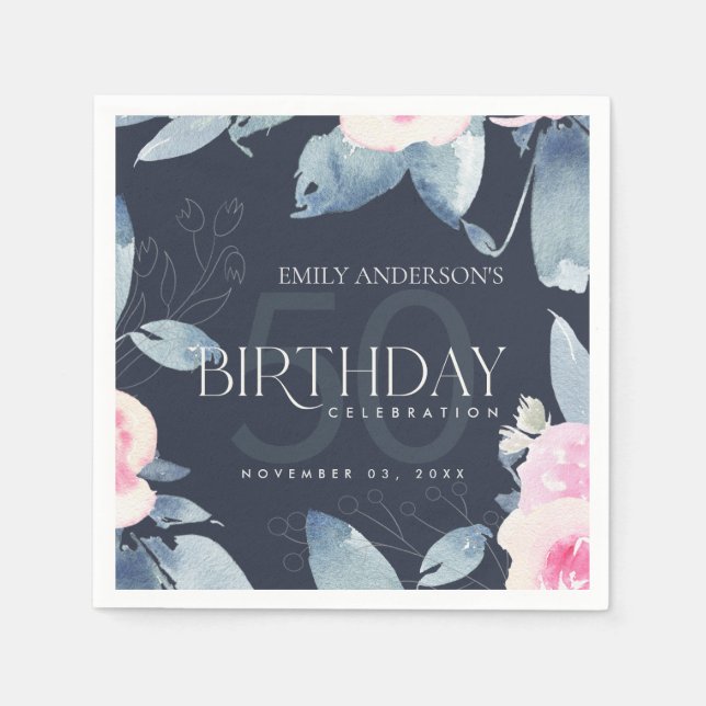 ANY AGE NAVY SOFT BLUSH BLUE FLORAL 50TH BIRTHDAY NAPKIN (Front)