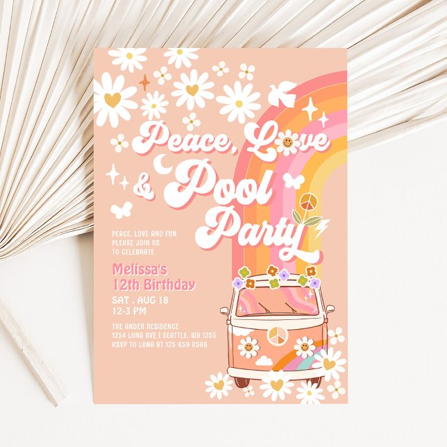 ANY AGE Peace Love Pool Party Groovy Birthday Invitation (Creator Uploaded)