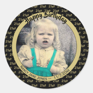 Any Age, Photo Birthday Number Pattern Gold/Black Classic Round Sticker